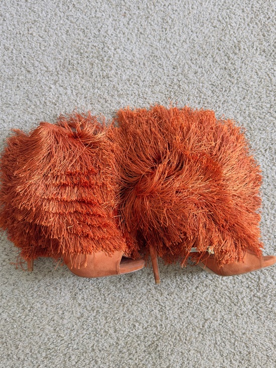 Shoes - Women's Orange Fringe Peep-Toe Heels